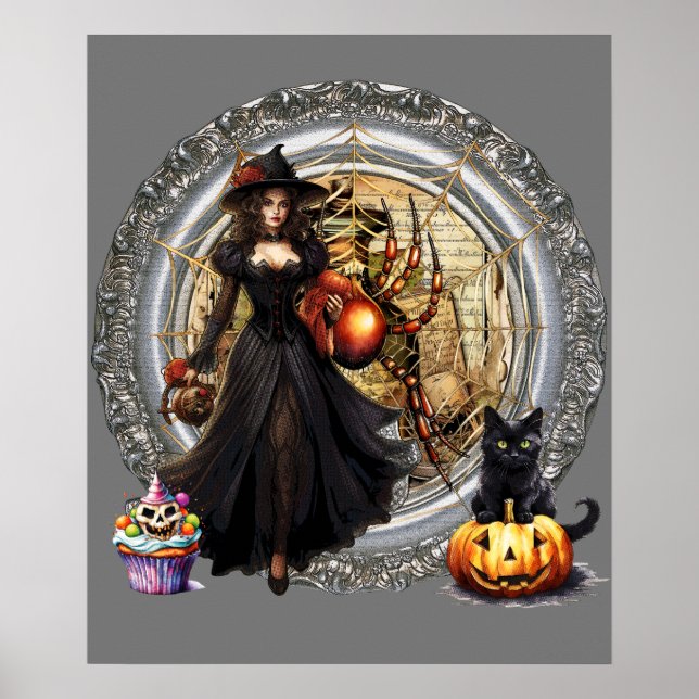 Affiche Sorcière Et Chat Halloween (Devant)
