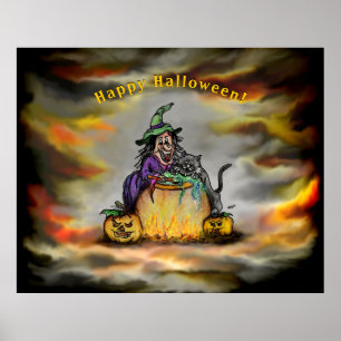 Affiche Sorcière et chat noir, Happy Halloween !