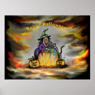 Affiche Sorcière et chat noir, Joyeux Halloween !