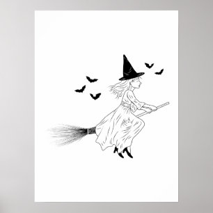 Affiche Sorcière et chauves-souris, simple ligne d'art min
