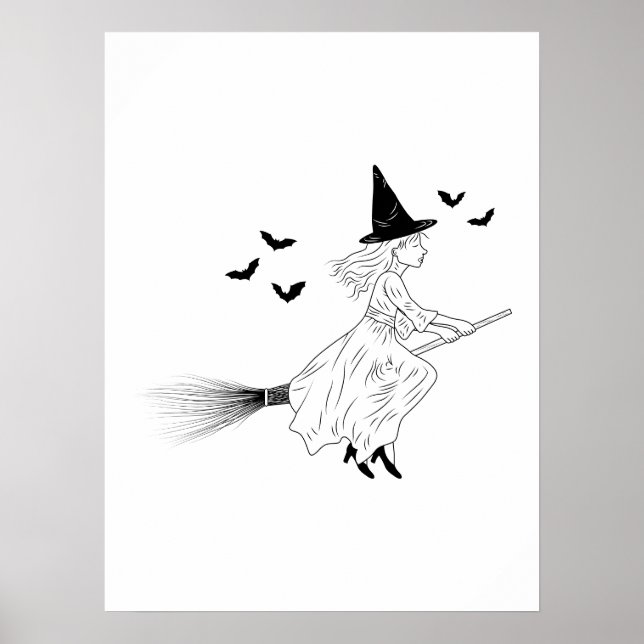 Affiche Sorcière et chauves-souris, simple ligne d'art min (Devant)