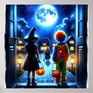 Affiche Sorcière et clown regardant un Halloween monstre