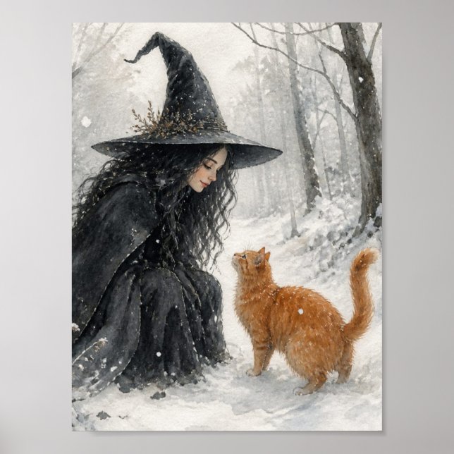 Affiche Sorcière fantastique et chat roux dans la forêt hi (Devant)