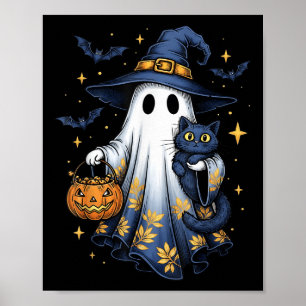Affiche Sorcière fantôme d'Halloween tenant un chat noir d