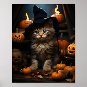Affiche Sorcière Halloween Kitten Avec Feuilles Et Citroui