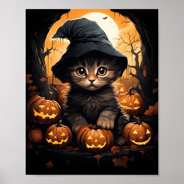 Affiche Sorcière Halloween Kitten Avec Feuilles Et Citroui (Devant)