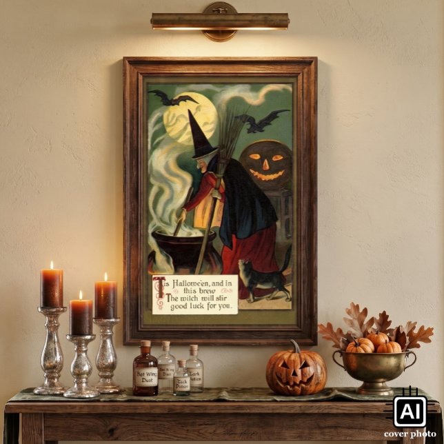 Affiche Sorcière Halloween Vintage remuant un chaudron mag (Vintage illustration Halloween design featuring a witch stirring her magic brew in a black cauldron.)