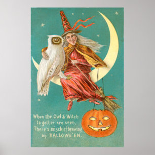 Affiche Sorcière Hibou Croissant de Lune Citrouille d'Hall