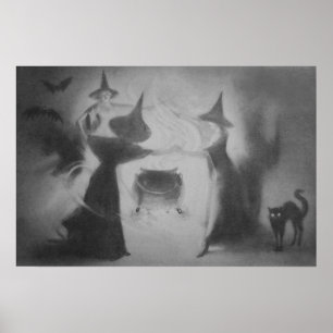 Affiche Sorcière monochrome Chauve-souris Nuit Chaudron Ch