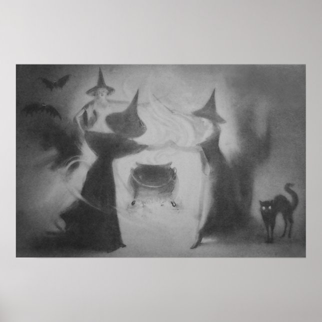 Affiche Sorcière monochrome Chauve-souris Nuit Chaudron Ch (Devant)
