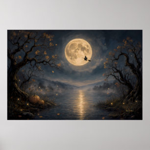Affiche Sorcière sous la pleine lune gothique Halloween la