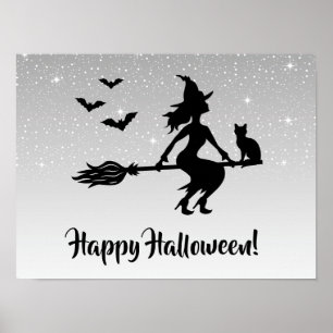 Affiche Sorcière Sur Un Balai Halloween Gris Argent Et Noi