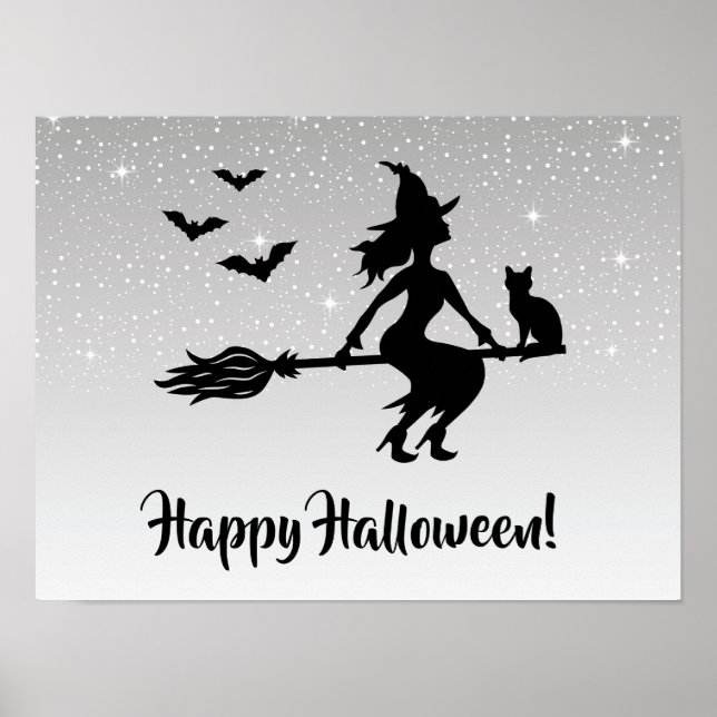 Affiche Sorcière Sur Un Balai Halloween Gris Argent Et Noi (Devant)