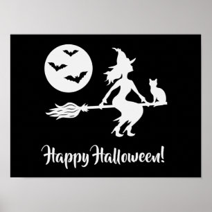 Affiche Sorcière Sur Un Balai Noir Et Blanc Joyeux Hallowe