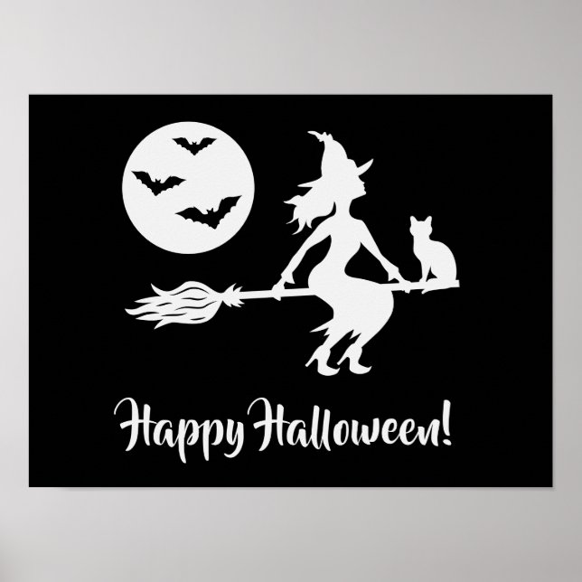 Affiche Sorcière Sur Un Balai Noir Et Blanc Joyeux Hallowe (Devant)