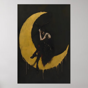 Affiche Sorcière Vintage Croissant de Lune Mur Sombre Enso