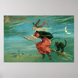 Affiche Sorcière vintage d'Halloween avec chat noir