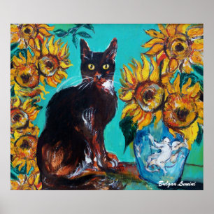 AFFICHE SOUCHES AVEC CHAT NOIR EN TURQUOISE BLEUE