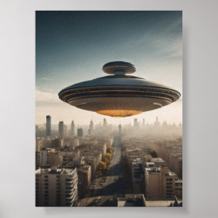Affiche Soucoupe volante UFO au-dessus de la ville