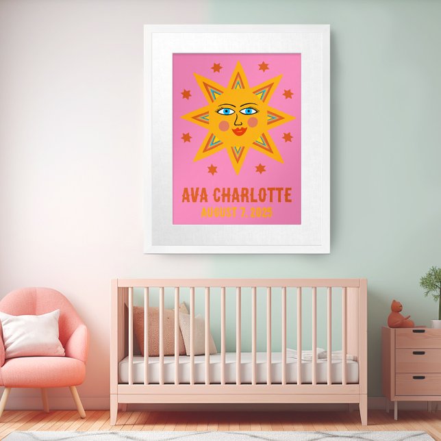 Affiche Sourire Retro Sun CUSTOM NOM DE BÉBÉ NAISSANCE Art (Smiling Boho Retro Sun CUSTOM BABY NAME BIRTHDATE Art Poster
)