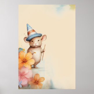 Affiche Souris avec fleurs rose orange casquette vieux pap