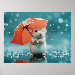 Affiche Souris avec parapluie dans la pluie : belle scène