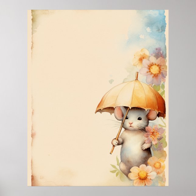 Affiche Souris avec parapluie jaune arrière - plan (Devant)
