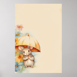 Affiche Souris avec parapluie jaune bleu orange rose fleur