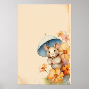 Affiche Souris bleu fleurs parapluie vieux papier
