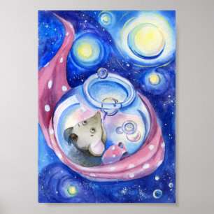 Affiche Souris de dessin animé mignonne aquarelle
