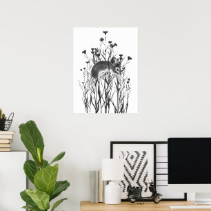 Affiche Souris mignonne aquarelle suspendue aux fleurs