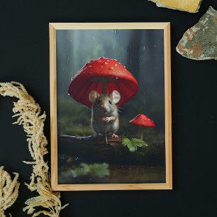 Affiche Souris mignonne dans le champignon de forêt parapl