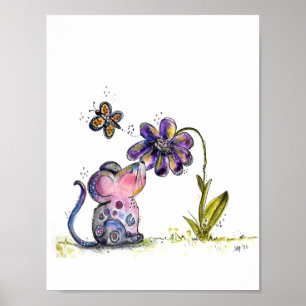 Affiche Souris mignonne et capricieuse et fleurs