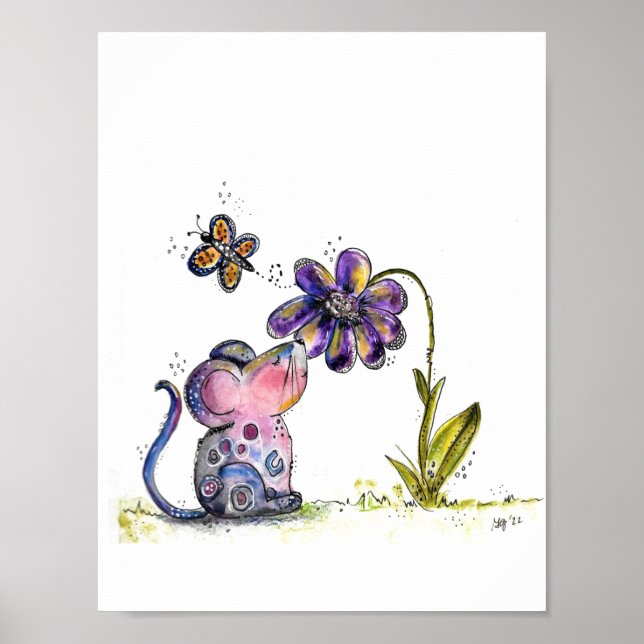 Affiche Souris mignonne et capricieuse et fleurs (Devant)