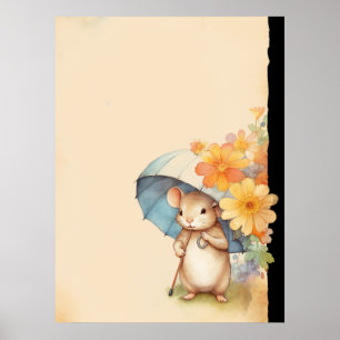 Affiche Souris parapluie mignon fleurs orange papier vieux