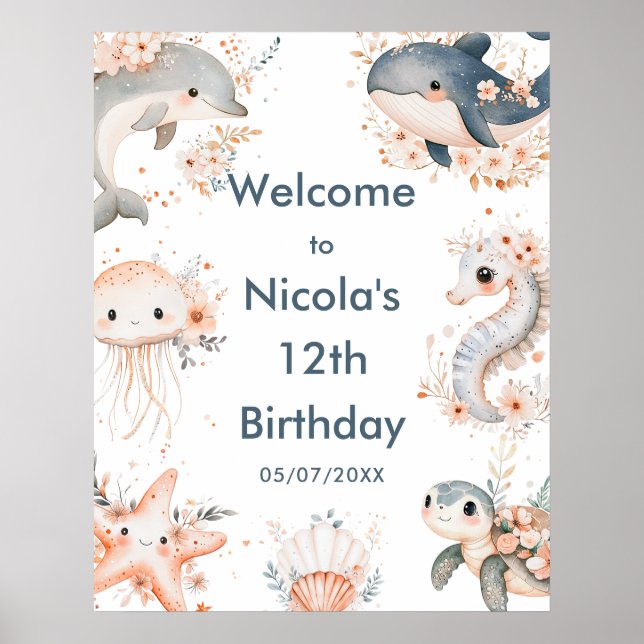 Affiche Sous la mer Animaux fête d'anniversaire Bienvenue (Devant)