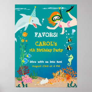 Affiche Sous la mer dauphins et fête d'anniversaire fille