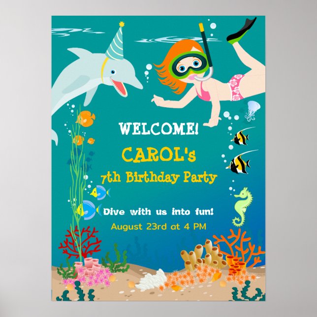 Affiche Sous la mer dauphins et fête d'anniversaire fille (Devant)