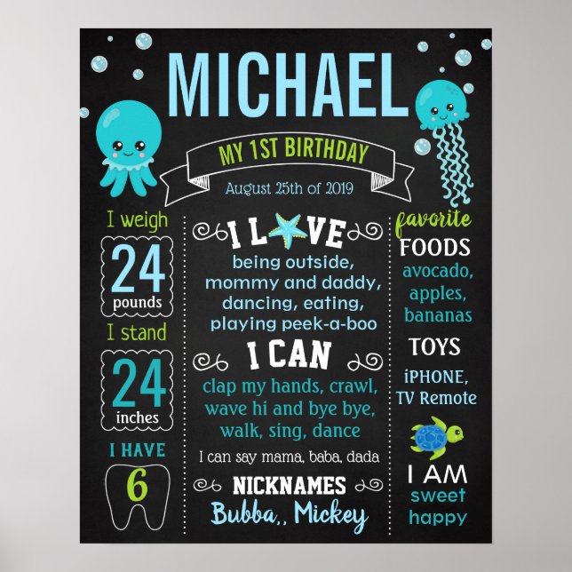 Affiche Sous la mer Jelly fish Tortue Anniversaire (Devant)