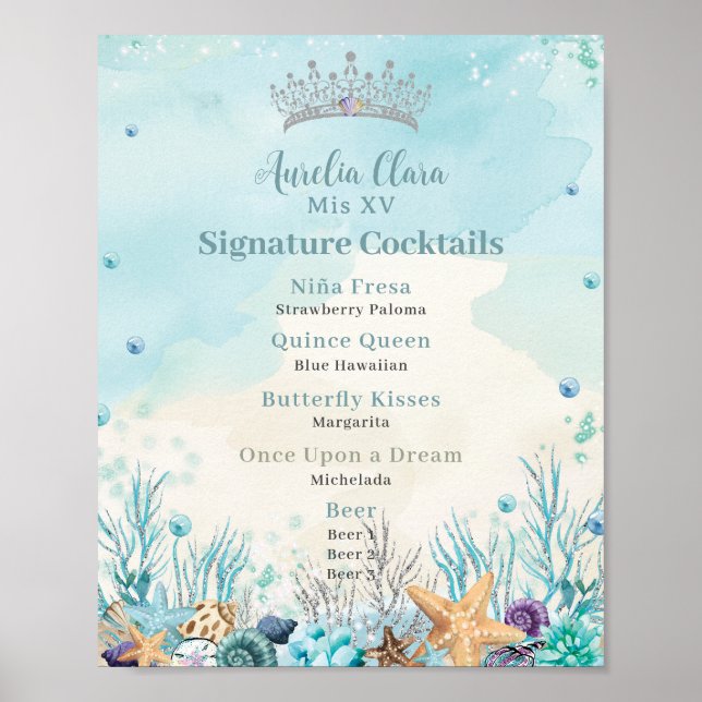 Affiche Sous la mer Quinceanera Cocktails Bar Menu (Devant)