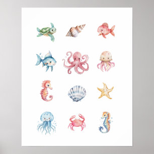Affiche Sous l'affiche des animaux marins