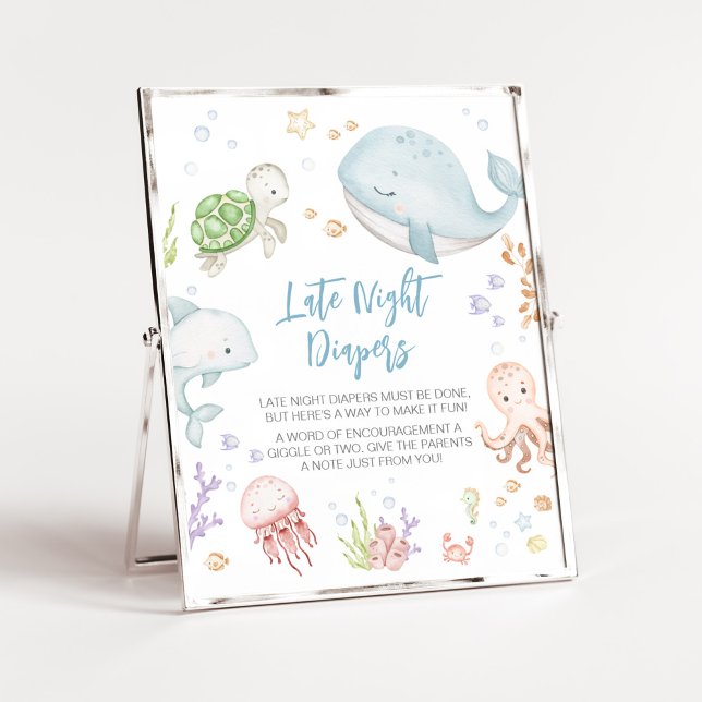 Affiche Sous Le Baby shower De La Mer Diapeurs De Nuit Tar (Sea Creatures Ocean Baby Shower Late Night Diapers Sign)
