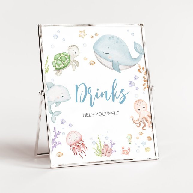 Affiche Sous Le Baby shower De Mer Boissons (Sea Creatures Ocean Baby Shower Drinks Sign)