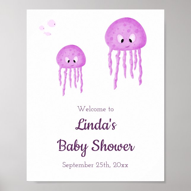 Affiche Sous le Baby shower Sea Pink Jellyfish Bienvenue (Devant)