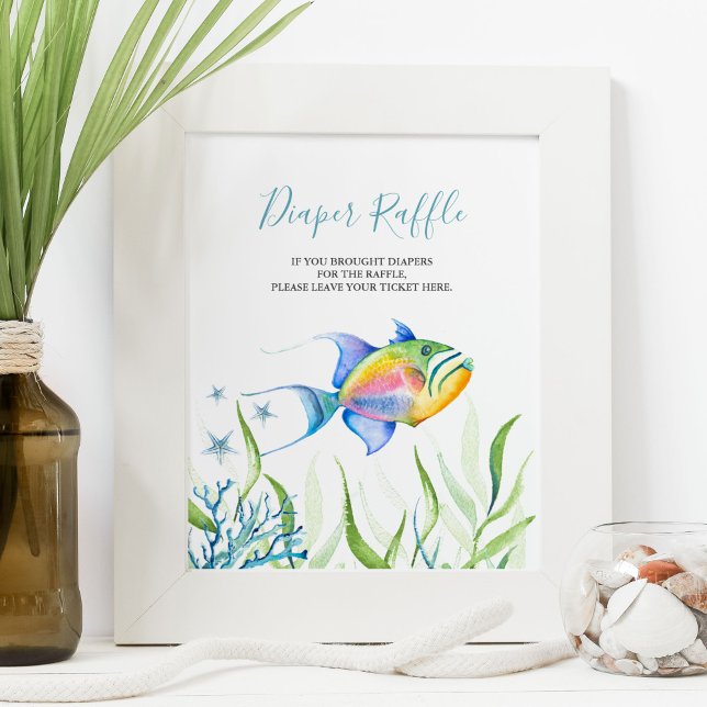 Affiche Sous le panneau du Baby shower de  de calamars de  (fun baby shower games diaper raffle sign features tropical fish art by Victoria Grigaliunas)
