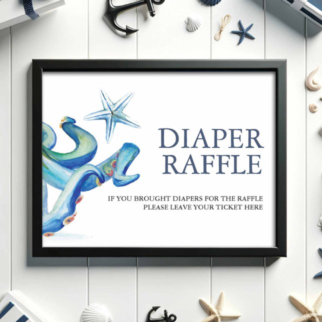 Affiche Sous le panneau du Baby shower de  de calamars de  (Baby shower decor nautical diaper raffle sign watercolor blue octopus and starfish Do Tell A Belle)