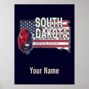 Affiche South Dakota États-Unis Carte de l'État Rétro Vint