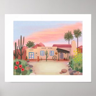 Affiche Southwest Desert Cactus Adobe House Art Print