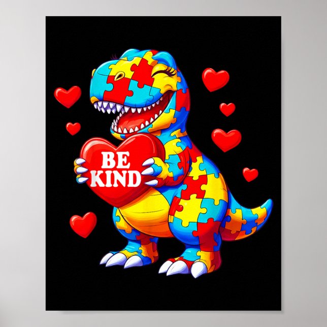 Affiche Soyez Gentil Autisme T Rex Dinosaure Cœur (Devant)
