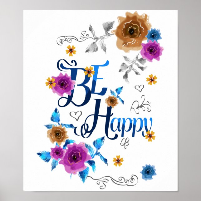 Affiche Soyez heureux Quote Positive Bleu Purple Or Fleurs (Devant)